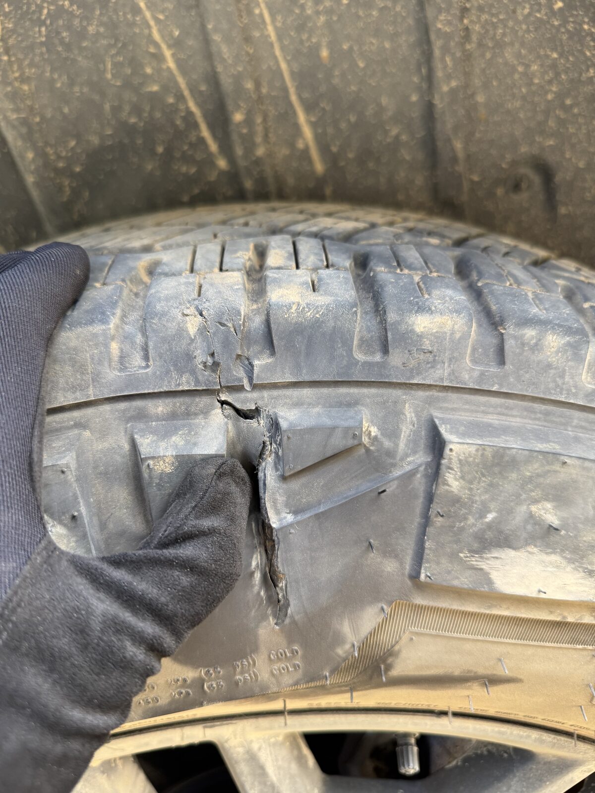 Sidewall damage on Cybertruck tire from off-road trail