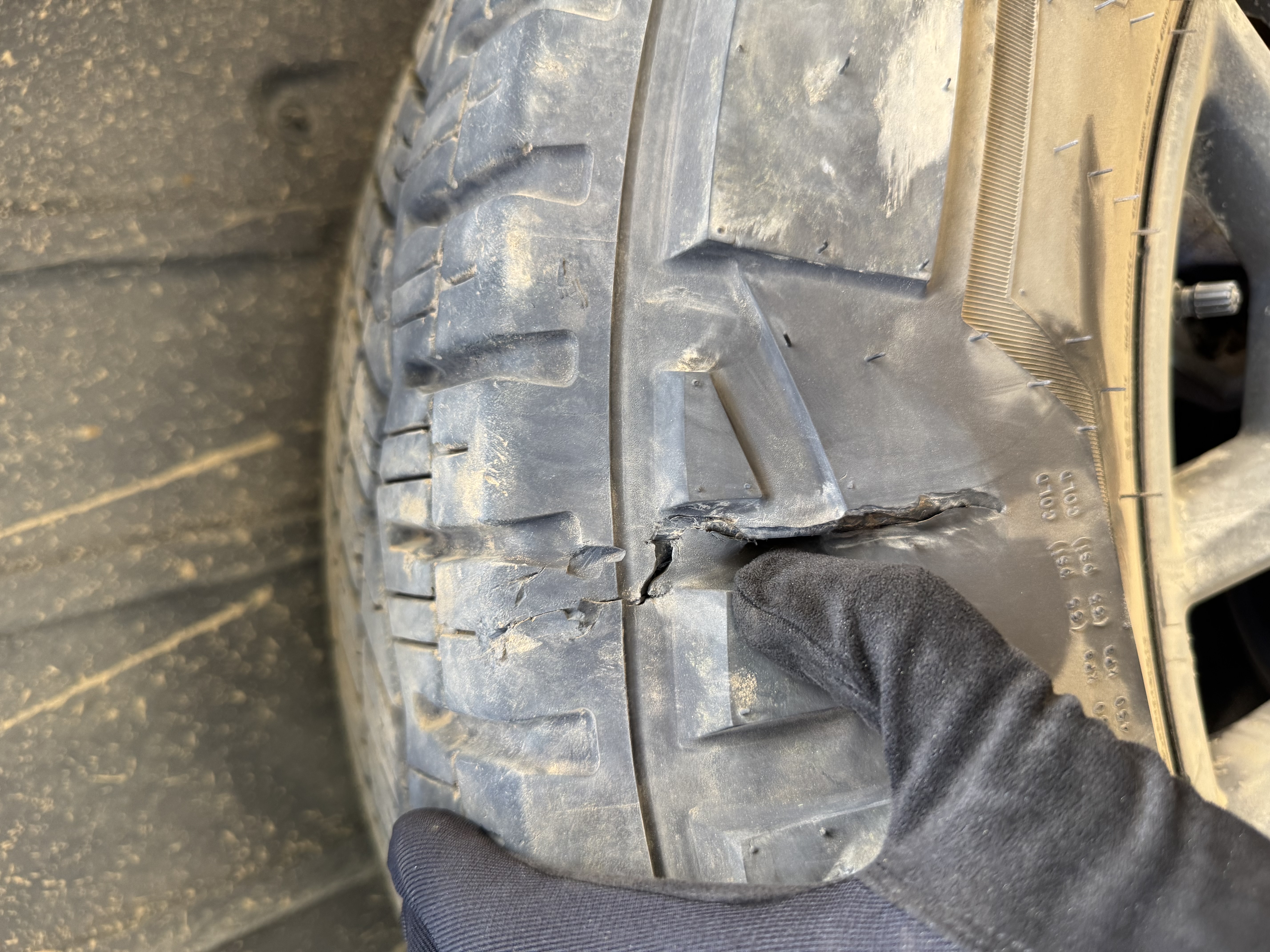 Sidewall damage on Cybertruck tire from off-road trail