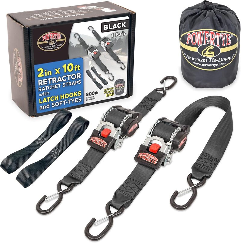 Powertye 2 in x 10 ft retractor ratchet straps with latch hooks and soft-tyes, Made in USA